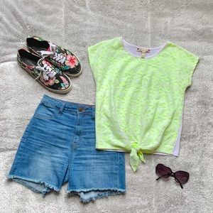 Neon Green Flower Tie Front Tee